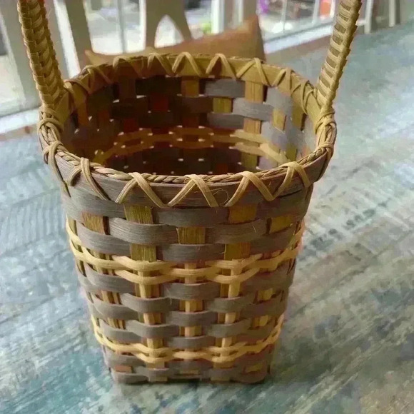 Basket, Handmade, Numbered 9/12, light blue/gray, green, natural tan - Picture 3 of 9